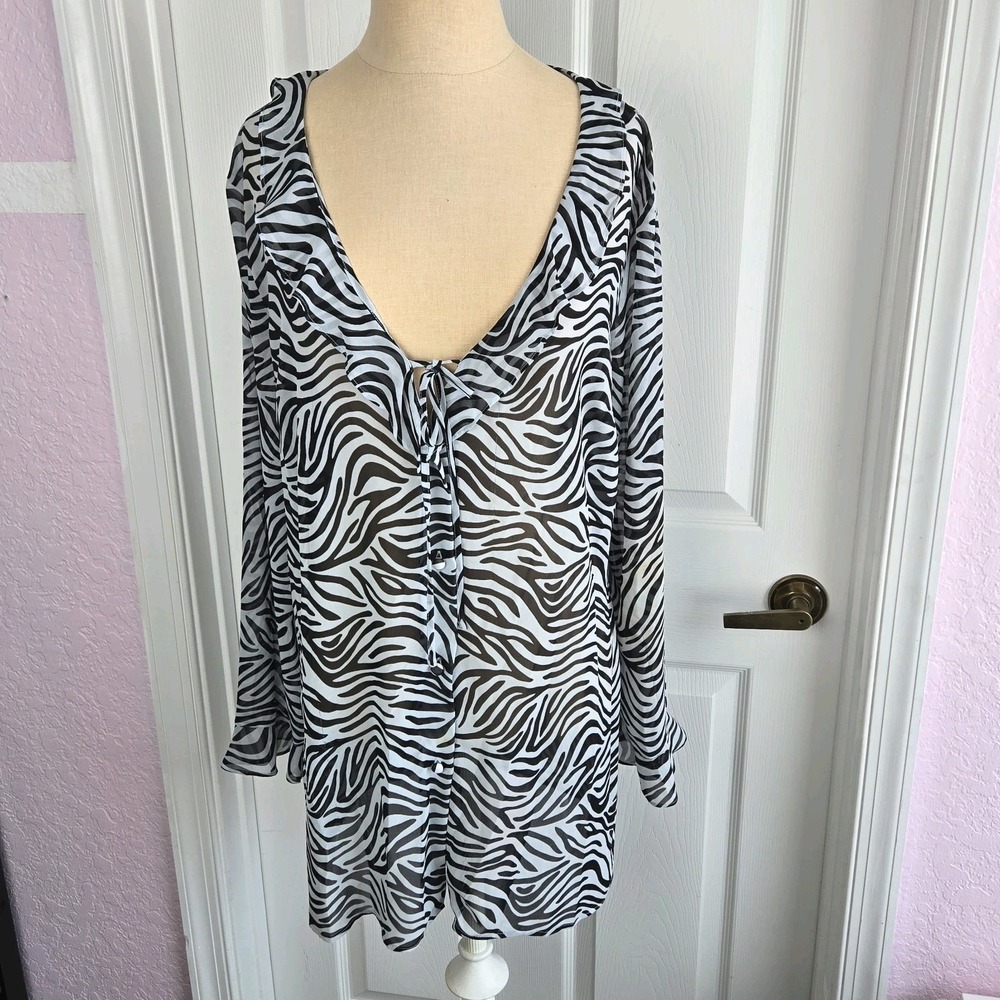 Vtg Victoria's Secret Sheer Zebra Print Nightgown Cover Up Size L Button Front